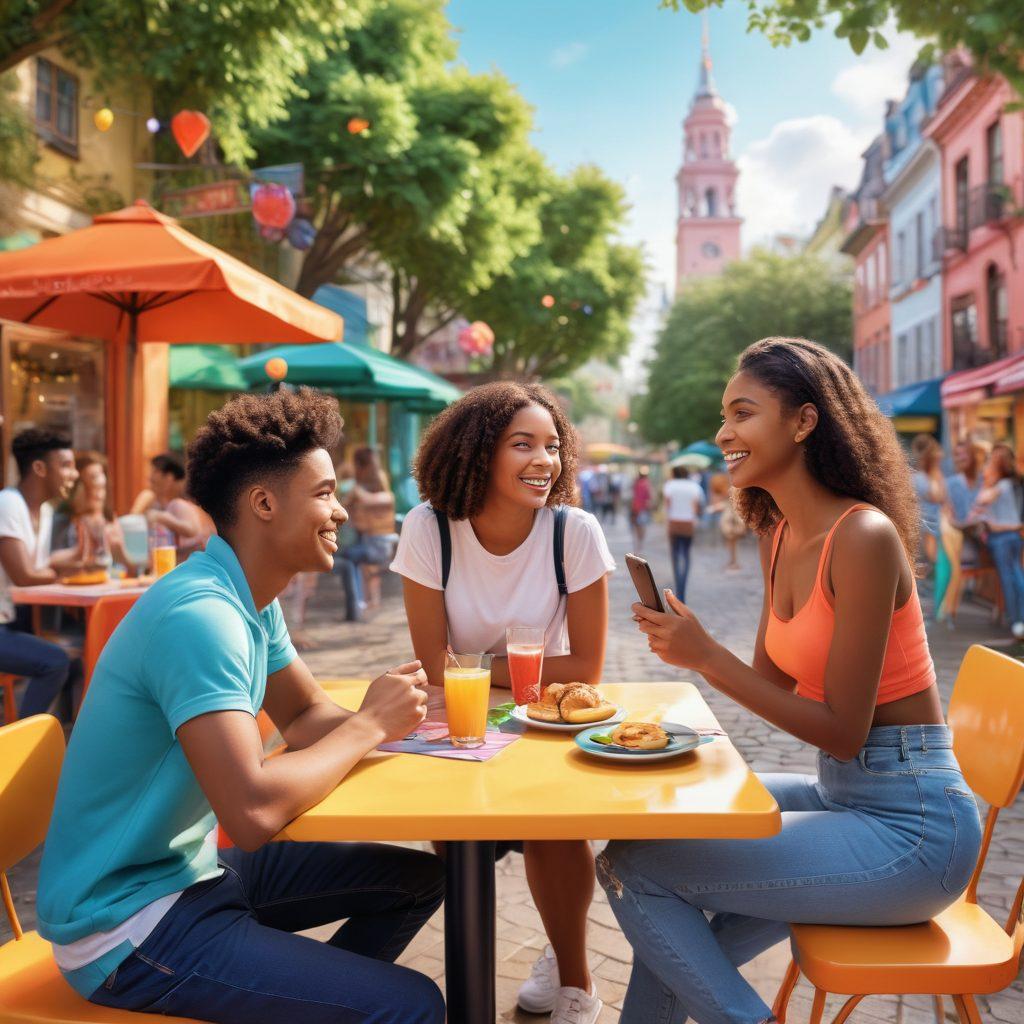 A lively, colorful scene showing a diverse group of teenagers engaged in various dating activities, such as chatting at a cafe, walking in a park, and using dating apps on their phones. Incorporate cheerful expressions, playful interactions, and elements of modern dating culture. The background should suggest a vibrant urban setting, filled with eyes-catching landmarks. Include bright, engaging colors to evoke a sense of youthfulness and excitement. colorful illustration. 3D style. vibrant colors.