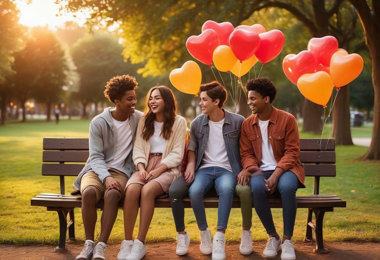 A romantic outdoor scene featuring a diverse group of teenagers sitting on a park bench, sharing lighthearted moments and laughter. Surround them with heart-shaped balloons and a soft sunset glow that symbolizes love and warmth. Include subtle elements like a diary or a smartphone displaying texts to represent dating tips and stories. The atmosphere should be filled with joy and connection. vibrant colors. super-realistic.