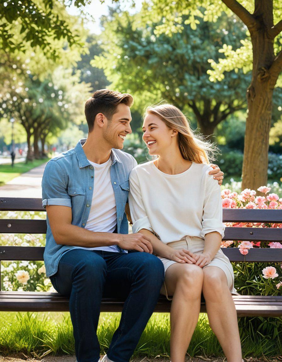 A cozy, intimate scene of a young couple sitting on a park bench, sharing a laugh, surrounded by blossoming flowers and soft sunlight filtering through the trees. Their expressions should convey joy and sincerity, highlighting the warmth of their bond. In the background, a hint of a city skyline adds depth, symbolizing their shared journey. The colors should be soft and warm, invoking a sense of comfort and love. super-realistic. vibrant colors. soft focus.